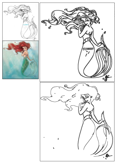 Ariel the Little Mermaid drawing and outline art, showcasing her iconic flowing red hair and green tail in an underwater scene.