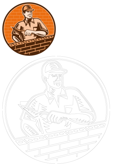 A bricklayer worker building a brick wall, depicted in a retro-style illustration and a corresponding black outline version, set within a circle.