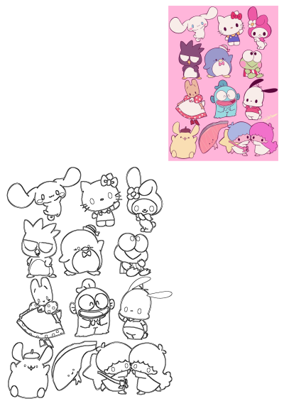 Vibrant and outline Sanrio character art, including Hello Kitty, Cinnamoroll, and Keroppi, on a cute pink background.