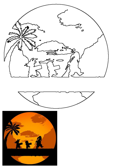 Dragon Ball Z silhouettes of Goku, Krillin, and Master Roshi walking at sunset with a palm tree. Emilio's unique fan art.