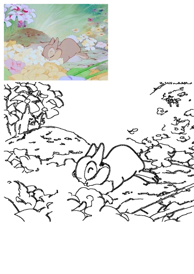Bambi character lying in flowers. A cute fawn rests amidst vibrant blossoms, shown in original color and as an outline art.