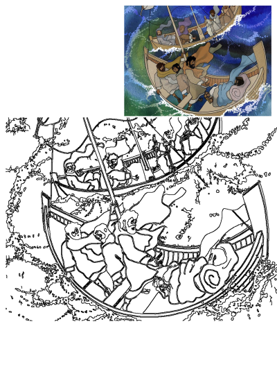 Boats People Water Illustration depicting men in several boats on a stormy sea with large, turbulent waves. A perilous journey.