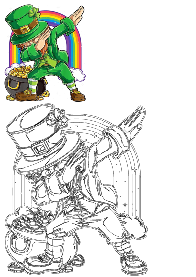 Smiling leprechaun in green dabbing beside a pot of gold coins, with a bright rainbow arching behind him. St. Patrick's Day.