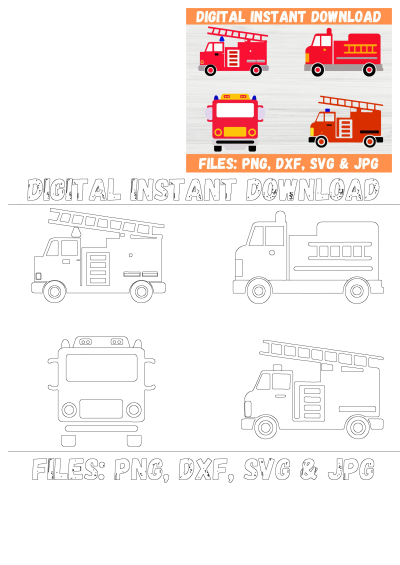 Vibrant and outline firetruck digital art download, includes 4 unique designs. Perfect for crafts, SVG cut files, and DIY projects.