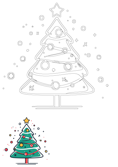 Stylized Christmas tree illustration with a star and circular decorations. Features a crisp outline drawing and a small, vibrant colored example.