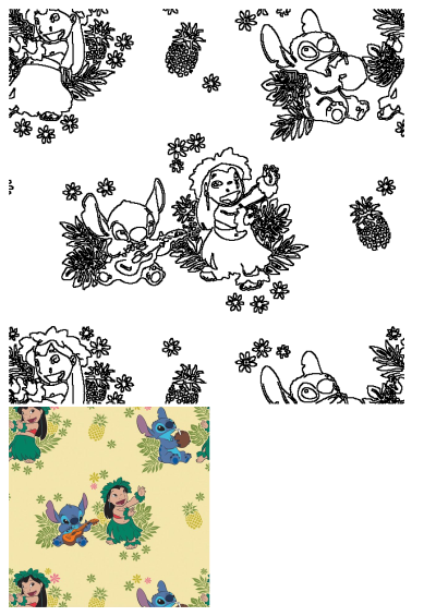 Stitch and Lilo Hawaiian illustration on yellow background. Features characters with tropical flora, plus black outline sketches.