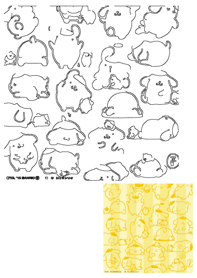 Sanrio Pompompurin and friends outlines for crafting, featuring various poses, with a complementary yellow cartoon animals background pattern.