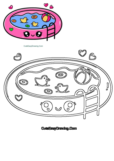 A cute cartoon pool, pink with a friendly face, featuring yellow rubber ducks, a beach ball, and hearts, all on a white background.