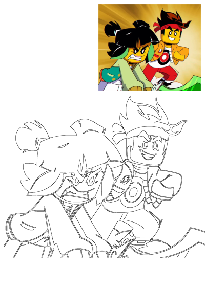 Lego Monkie Kid Mei and MK are depicted in a dynamic action pose, with a colorful animated scene above a detailed black and white outline.