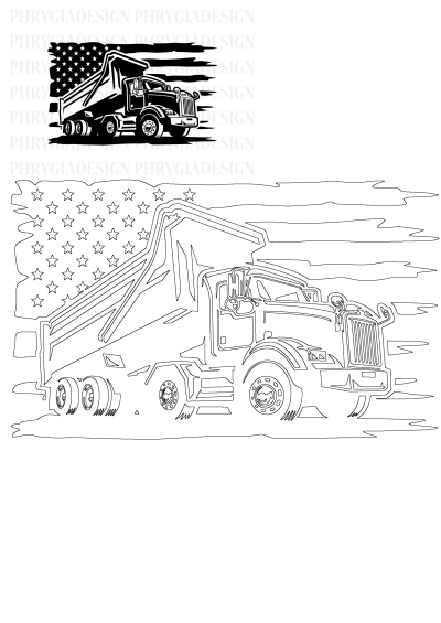Patriotic vector graphic of a heavy-duty dump truck integrated with the American flag design, shown in solid black and outline versions.
