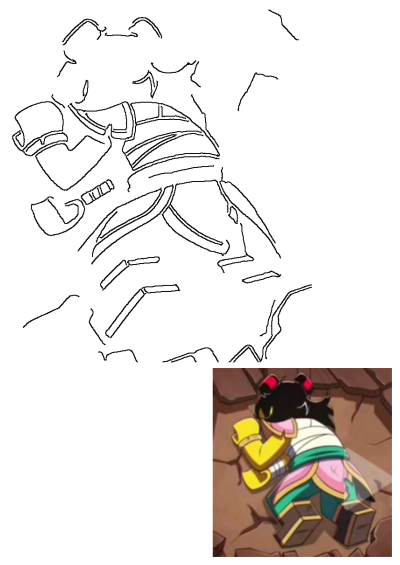 Outline of Mei, the animated cartoon character from Monkie Kid, shown lying down. Features her iconic armor and hair buns.