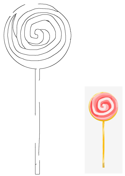 Pink and yellow swirl lollipop on a stick, a sweet candy treat. Also features a clean outline drawing.