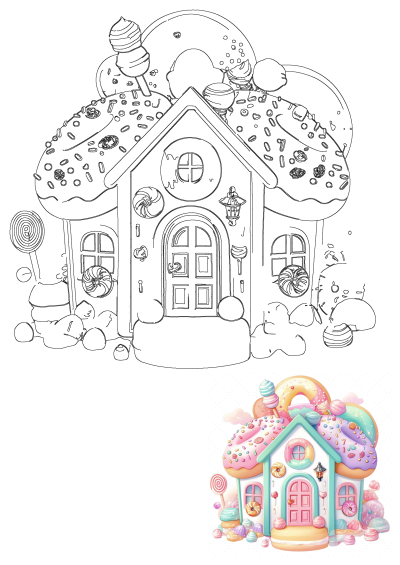 Whimsical candy house illustration featuring a donut roof, colorful sprinkles, lollipops, and various sweet treats, ideal for fantasy themes.