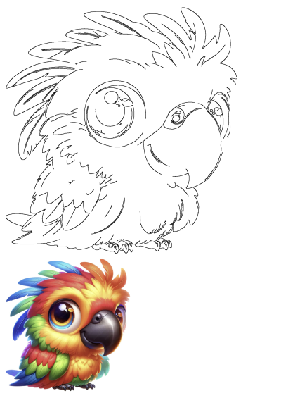Detailed line art of a cute parrot with big eyes and bright feathers. Perfect for artists or anyone seeking a charming bird illustration.