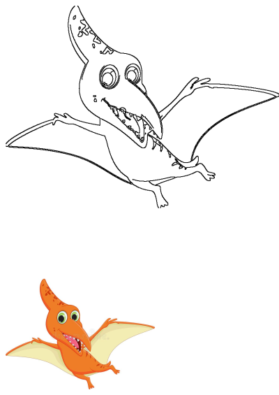 Vibrant orange cartoon pterodactyl dinosaur illustration flying gracefully, accompanied by its sharp outline version.