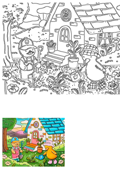 Charming illustration of a cute bear and duck gardening in a vibrant yard outside a cozy house. The bear digs with a shovel, and the duck waters plants.