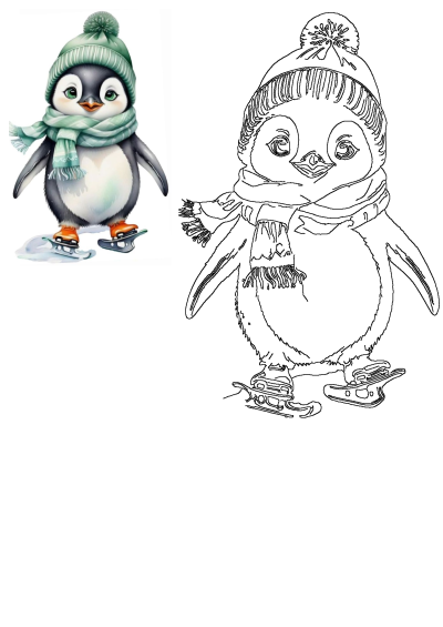 An adorable penguin wearing a green hat and scarf on ice skates, featured as both a vibrant illustration and a detailed black outline.