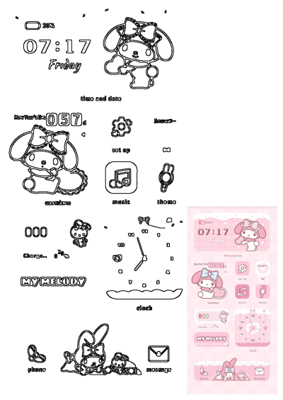 My Melody Cute Pink Themed Smartphone Desktop wallpaper and widget set. Features time, date, battery, app icons, and cute My Melody characters.