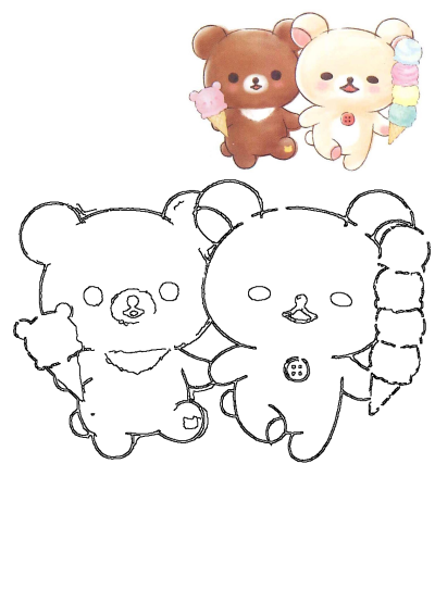 Cute cartoon teddy bears holding ice cream cones. Image features a colorful illustration of a brown and cream bear, plus a black outline drawing.