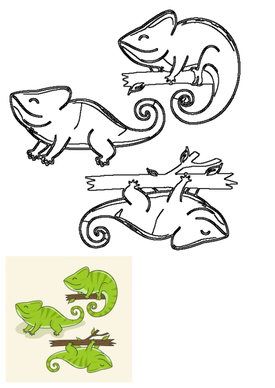 Retro hand-drawn chameleon vector art with three happy chameleons on branches, ideal for vintage logo designs.
