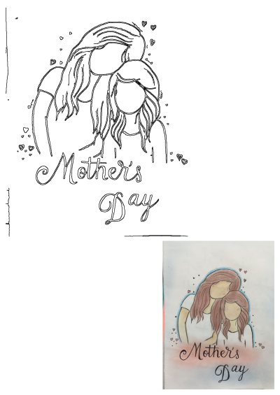 Mothers Day drawing of a mother and daughter embracing, surrounded by hearts, symbolizing love and their special bond.