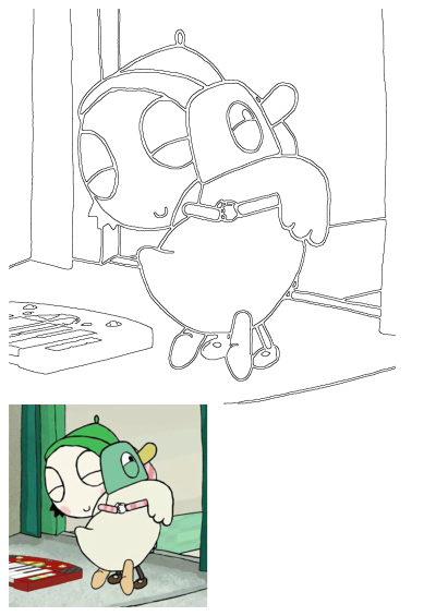 Molang, wearing a green hat, tenderly hugs the adorable pigeon character with a striped collar, standing by a toy piano in this artwork.