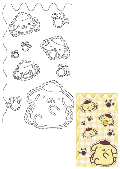 Pompompurin character designs and outlines on a yellow checkered pattern, evoking a tablecloth design, ready to be cut out as stickers.