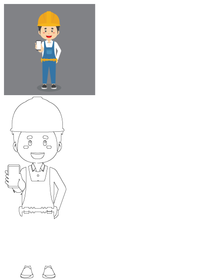 A cheerful cartoon construction worker wearing a yellow hard hat and blue overalls displays a smartphone with a blank white screen.
