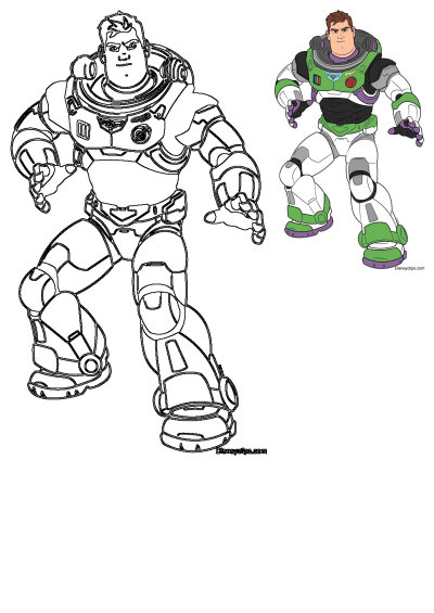 Buzz Lightyear, the Toy Story character, depicted as both a detailed outline illustration and a partially colored figure in his iconic suit.