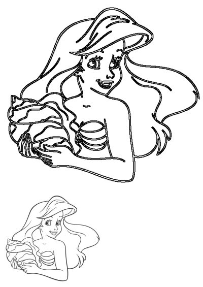 Line art of Disney's Ariel, the Little Mermaid, smiling and holding a large seashell, perfect for coloring.