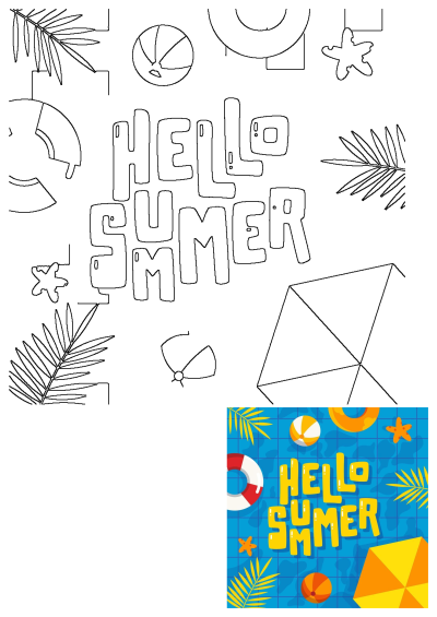 A colorful graphic with 'Hello Summer' text, various beach accessories, tropical palm leaves, set on a blue pool background.
