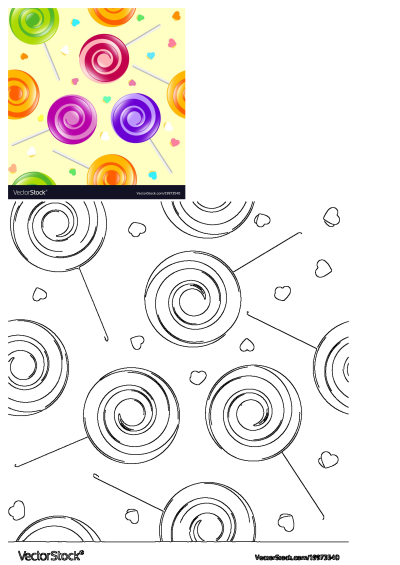 Vibrant spiral lollipops in various colors (green, red, orange, purple) with scattered hearts on a soft yellow background.