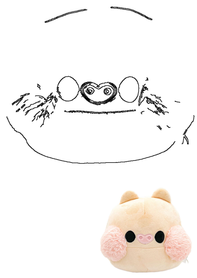 Yabu Tiny K Polly Piglet pink plush soft toy with fluffy ears and a matching black line art drawing of the piglet's face.