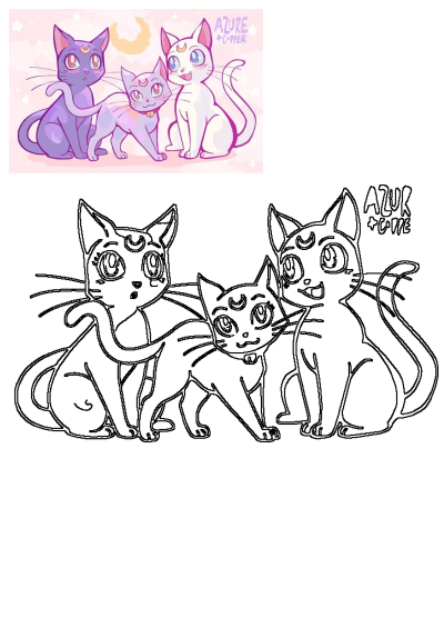Three cute cartoon cats with moon symbols, purple, white, and pink, sit on a pink starry background, accompanied by a black and white outline drawing.