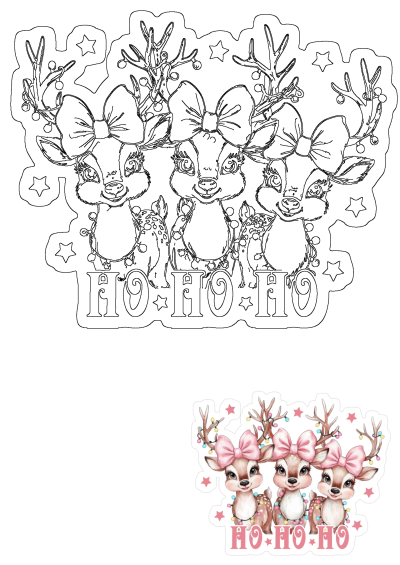 Adorable Christmas fawn template with three deer, festive bows, glowing antlers, 'HO HO HO' text & stars for holiday crafts.