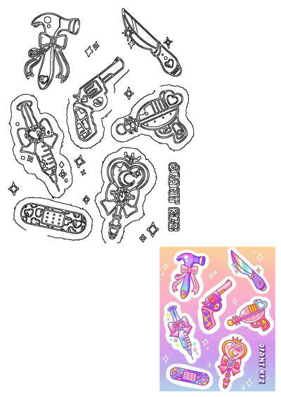 Cute kawaii weapon stickers set for phone cases, featuring a pastel hammer, knife, revolver, ray gun, syringe, magical staff, and bandage.