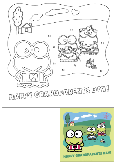 A happy cartoon illustration of Keroppi, his frog grandparents, a snail, house, and tree celebrating Grandparents Day.