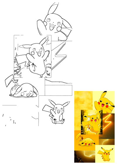A vibrant collage featuring cheerful Pikachu characters against dynamic lightning and yellow backgrounds, with various Pikachu outlines.