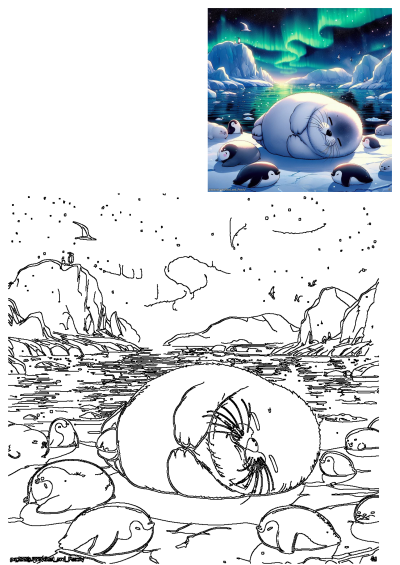 Cute seal and penguins resting on an ice floe, illuminated by vibrant Northern Lights over icy waters and mountains.