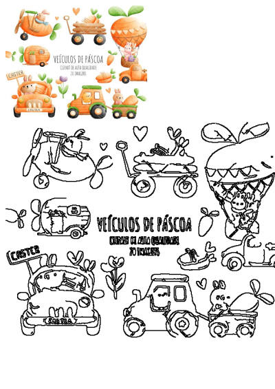 Cute watercolor Easter illustration featuring bunnies driving carrot and pumpkin-themed vehicles with green leaves.