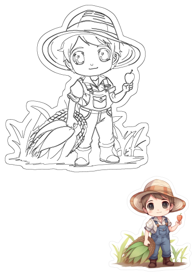 A charming cartoon farmer boy in a straw hat and blue overalls, holding a red apple and a fresh harvest of wheat.