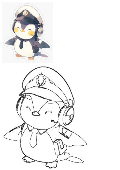 A cute penguin wearing headphones and a pilot hat, presented as a charming cartoon illustration and a line art drawing for coloring.