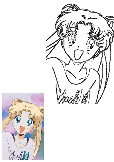 Smiling Sailor Moon, an anime character with blonde hair and blue eyes, showing freckles and a 'Yoshi' shirt. Both colored and line art.