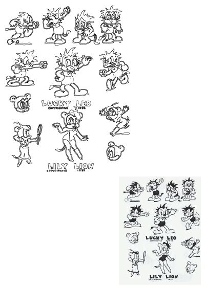 Vince Cafarelli's 1933 cartoon character designs for Lucky Leo and Lily Lion, featuring various poses and expressions.