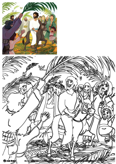 Jesus rides a donkey into Jerusalem on Palm Sunday, greeted by a joyful crowd waving palm branches.