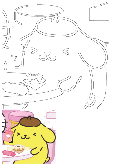Pompompurin, the adorable cartoon bear, is busy baking a frosted cupcake with various table items like a bottle and rolling pin.