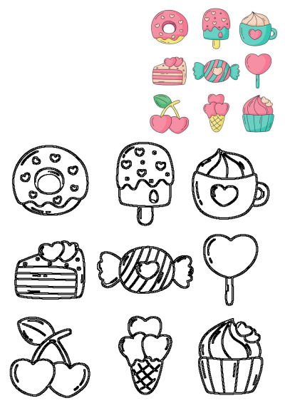 A collection of cute, easy, simple, and kawaii sweets stickers. Features colorful desserts like donuts, cupcakes, and ice cream, along their outline drawings.