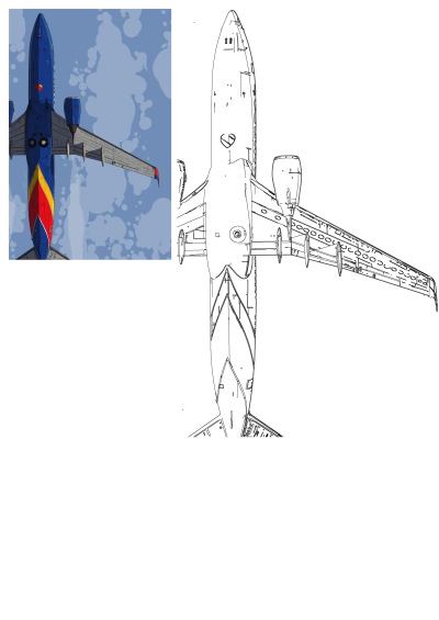 Southwest Airlines airplane flying through a blue sky with stylized clouds, featuring its blue, red, and yellow livery. An outline drawing is included.