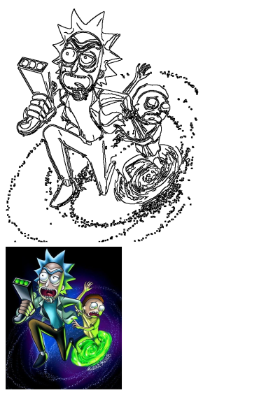 Rick Sanchez and Morty Smith flying through a star-filled space, Rick with portal gun and Morty emerging from a green portal.