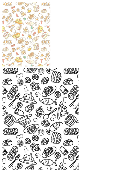 Charming seamless pattern featuring Gudetama as cute food items, desserts, cakes, and boiled eggs on a white background.